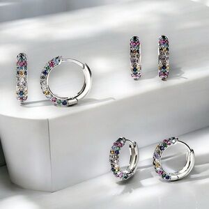 SILVER ZINC ALLOY COLORED GEMSTONES SPARKLE HOOPS FULL-CLOSURE EARRINGS NEW